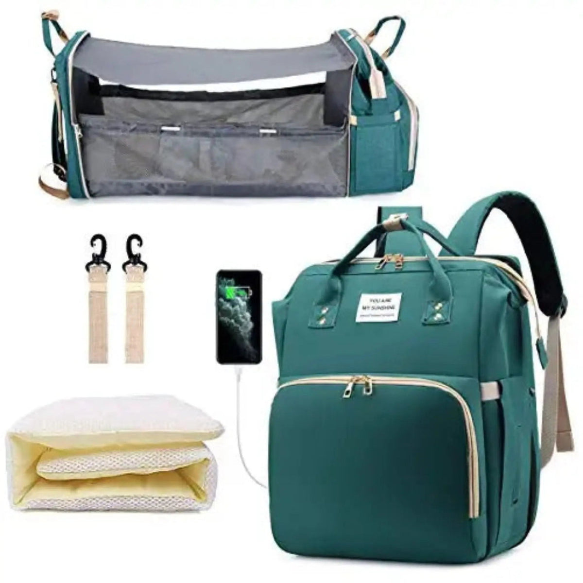 Sac à langer 3 en 1 coloris vert avec crochets de poussette et matelas à langer