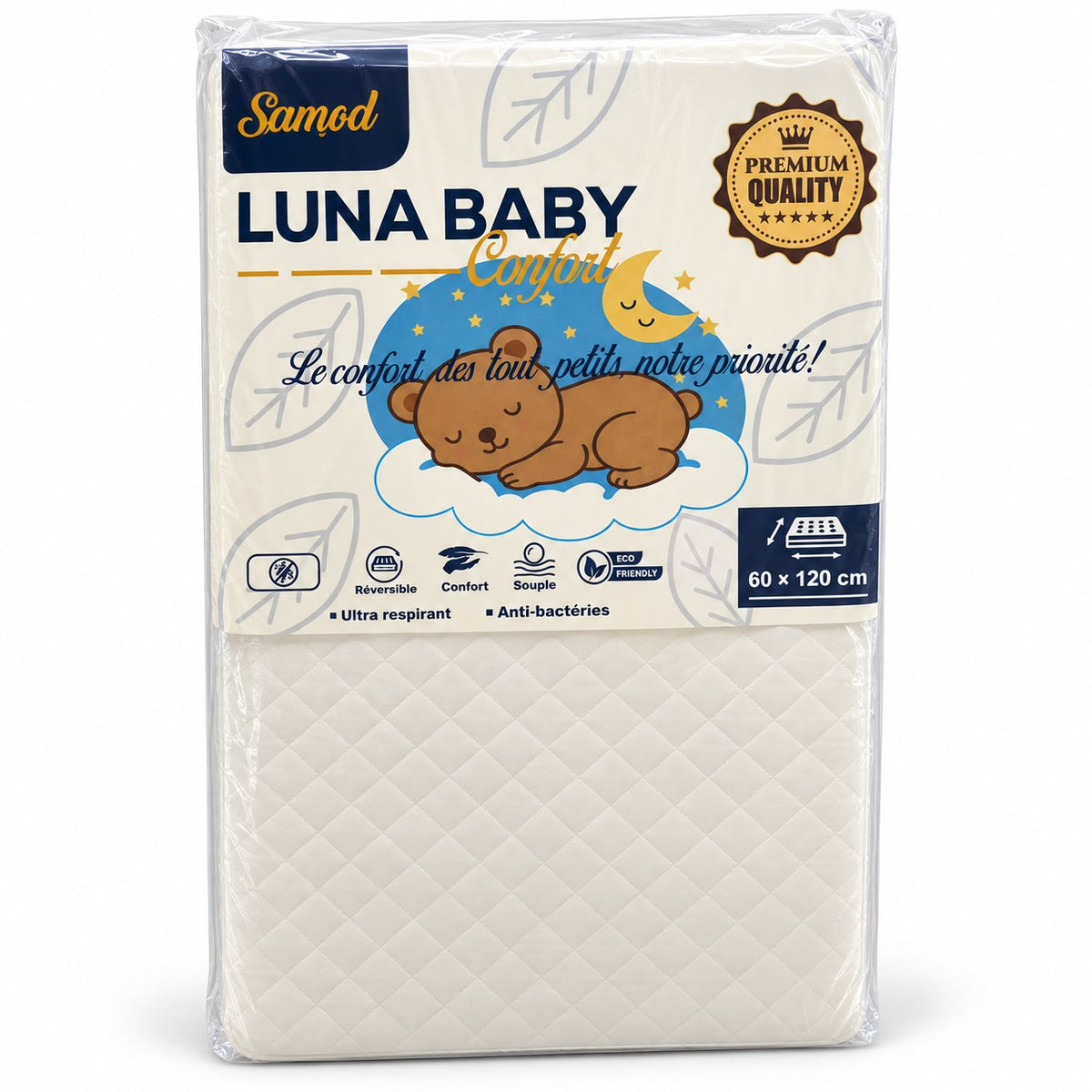 Emballage Samod Luna Baby Confort 60 × 120 cm avec les mentions réversible, confort, souple, ultra respirant et anti-bactéries