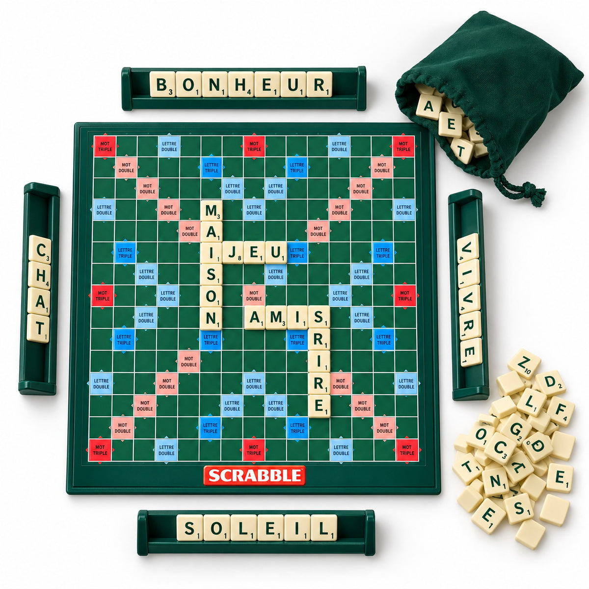 Plateau Scrabble Classique avec 4 chevalets, jetons-lettres et sac de rangement
