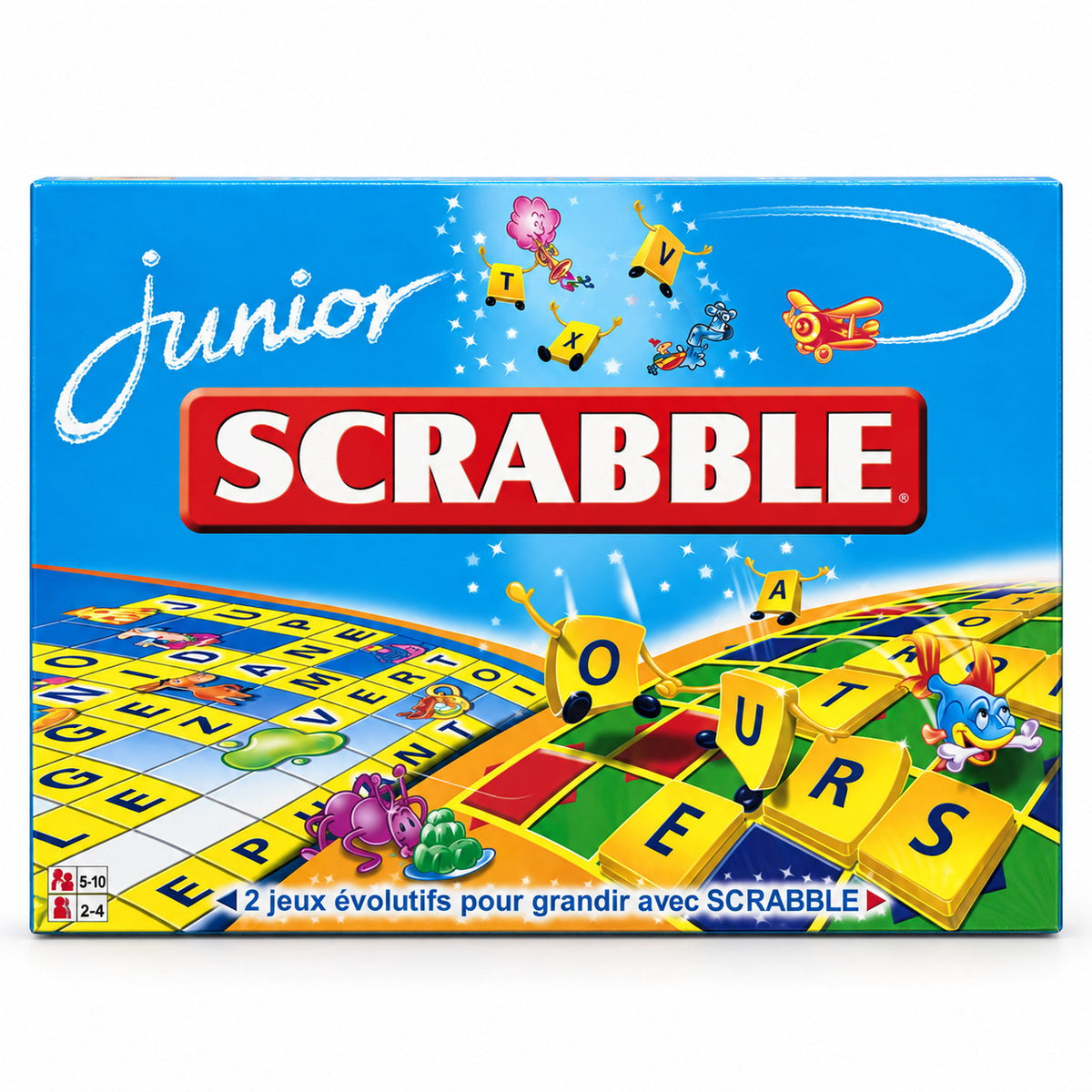 Boîte du jeu Scrabble Junior en français, 2 à 4 joueurs, de 5 à 10 ans