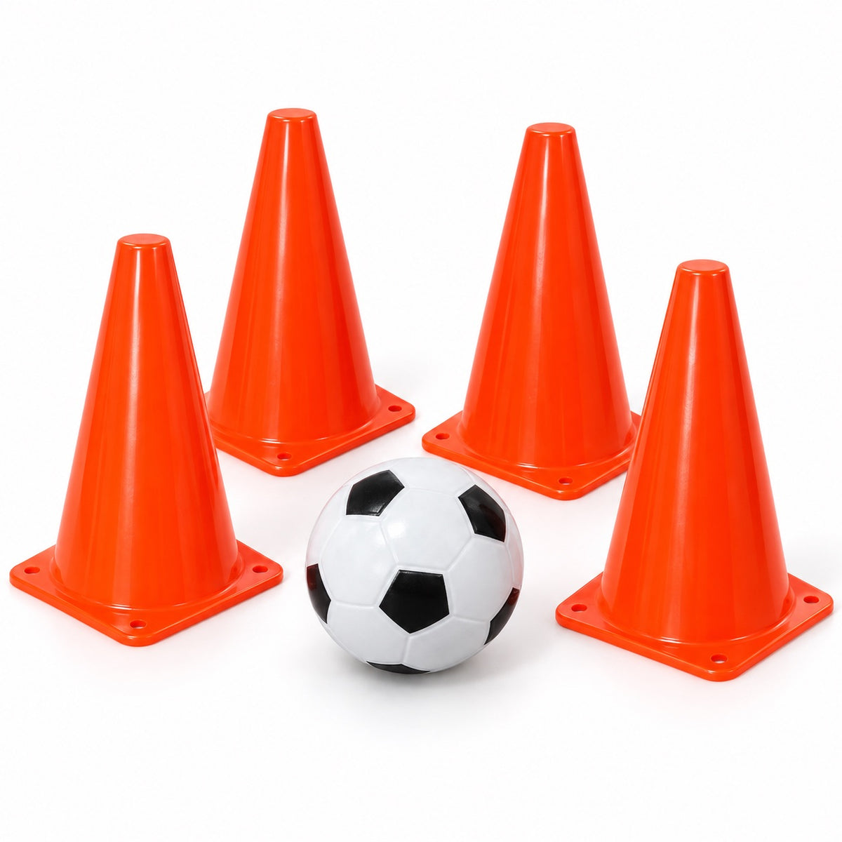 Set d'entraînement football : 4 cônes orange à base ajourée et un ballon