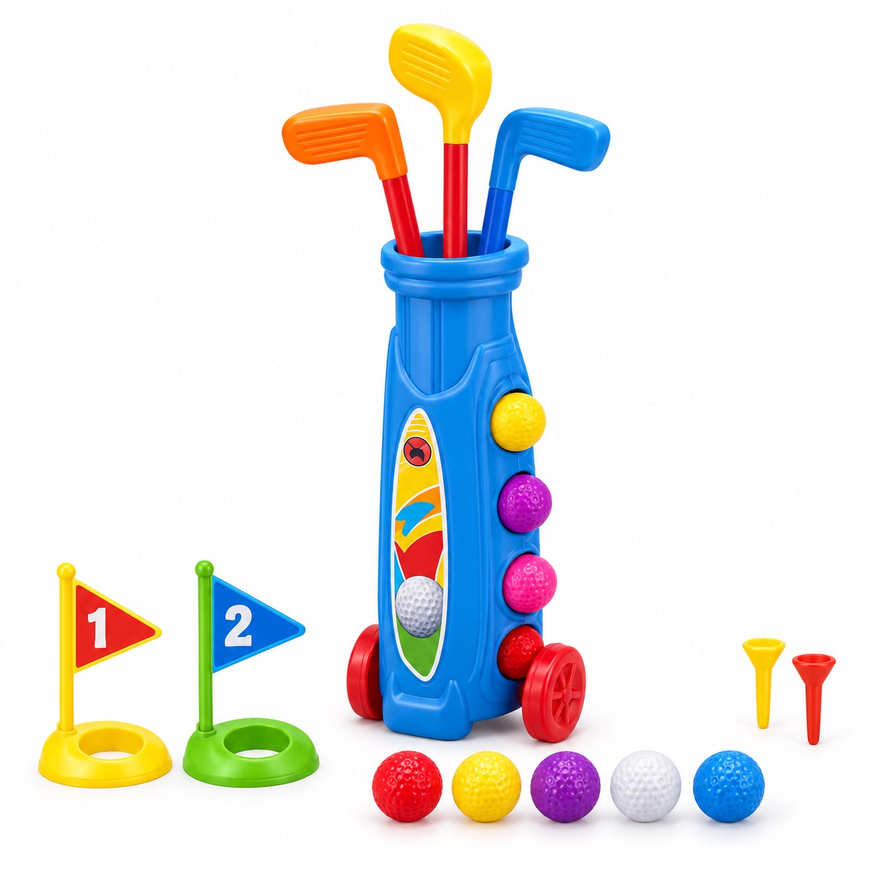 Set de golf enfant : chariot bleu à roulettes, 3 clubs colorés, balles, 2 trous à drapeaux et tees