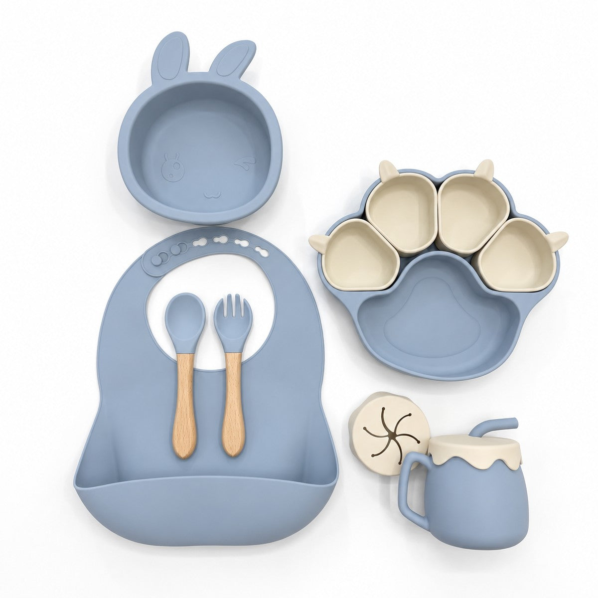Ensemble repas bébé silicone 6 pièces coloris bleu clair