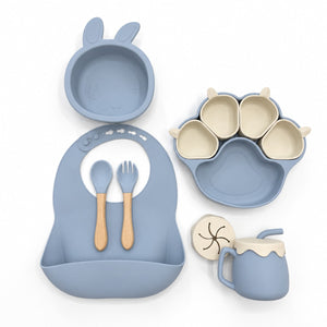 Ensemble repas bébé silicone 6 pièces coloris bleu clair