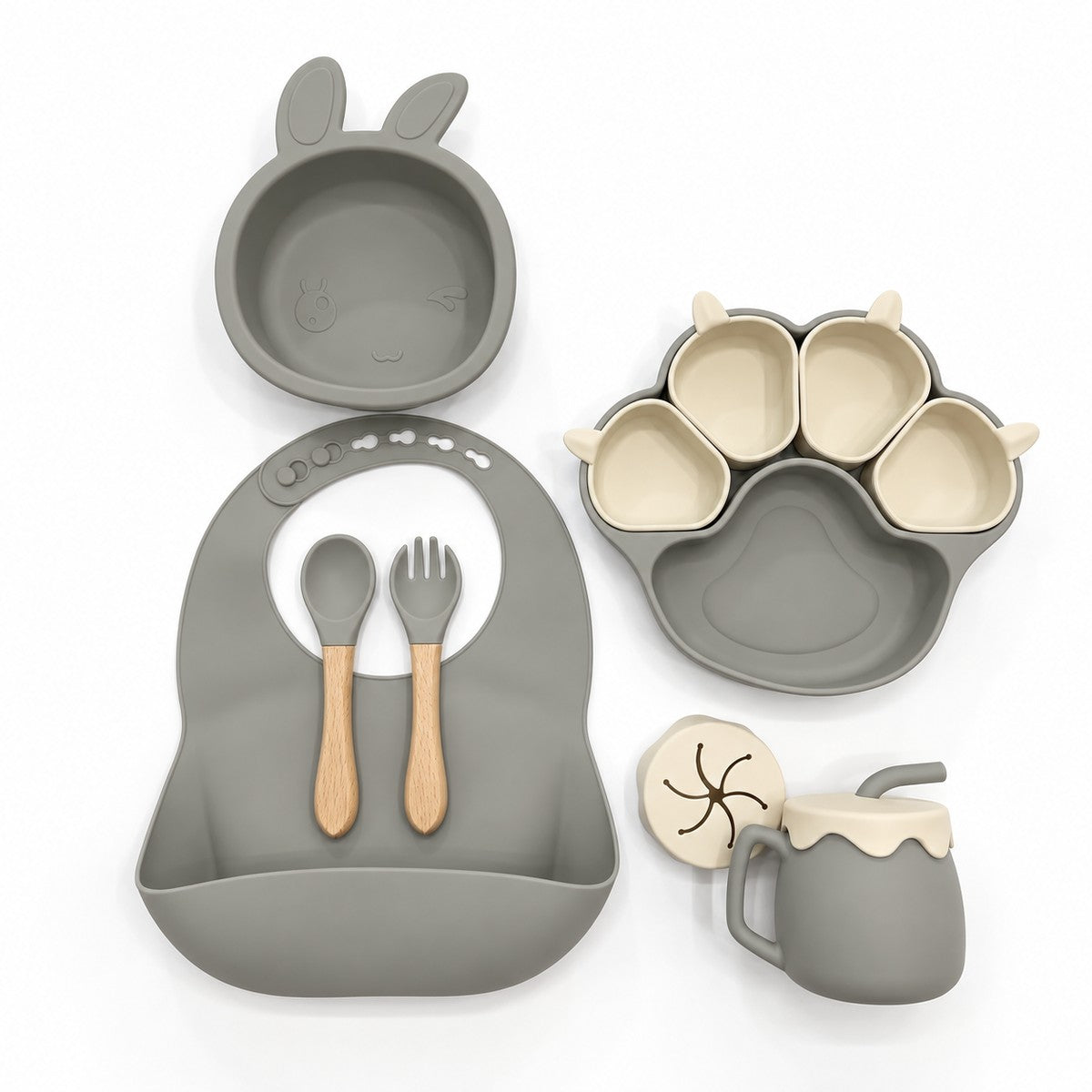 Ensemble repas bébé silicone 6 pièces coloris gris taupe
