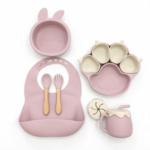 Ensemble repas bébé silicone 6 pièces coloris rose poudré