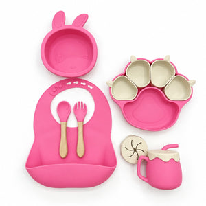 Ensemble repas bébé silicone 6 pièces coloris rose vif