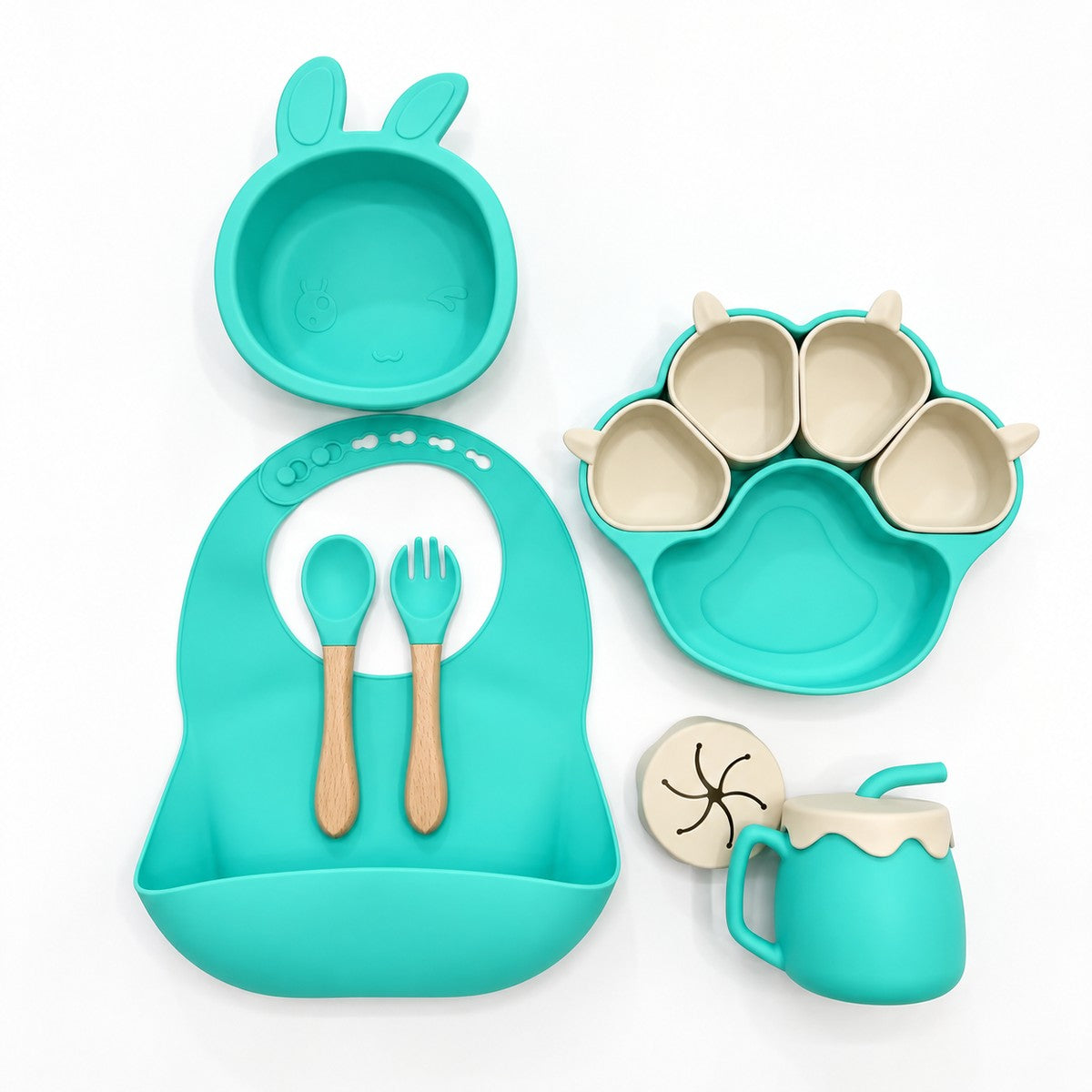 Ensemble repas bébé silicone 6 pièces coloris turquoise