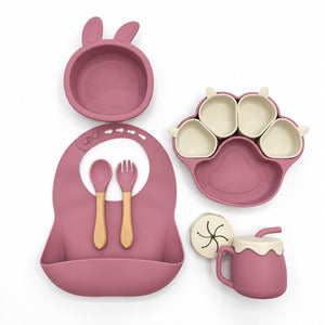 Ensemble repas bébé silicone 6 pièces coloris vieux rose