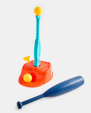 Set sport 2 en 1 baseball et golf : socle rouge, tee turquoise, batte bleue et deux balles