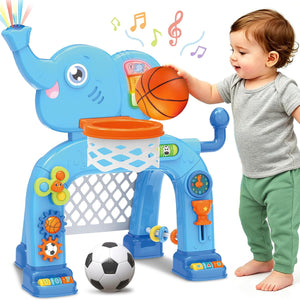 Enfant qui met le ballon dans le panier de basket de l'éléphant Shemira