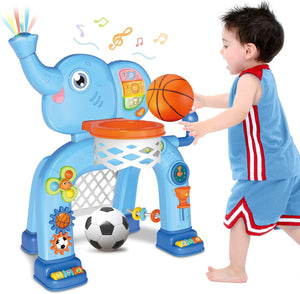 Centre d'activités sportif éléphant Shemira bleu avec panier de basket et enfant qui joue