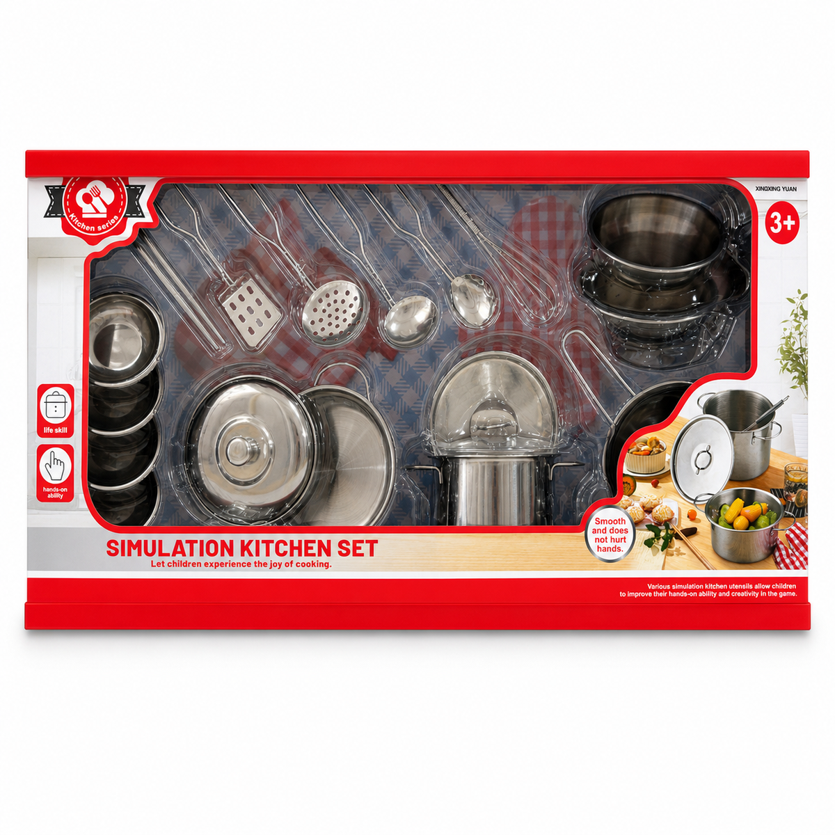 Boîte Simulation Kitchen Set : dinette en acier inoxydable avec casseroles, passoire et ustensiles, dès 3 ans