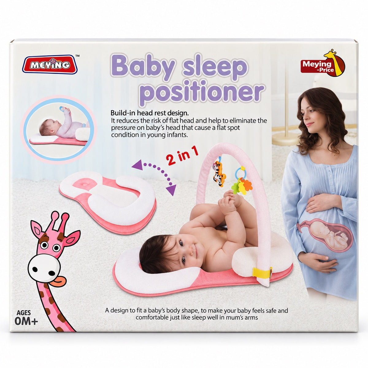 Boîte du cale-bébé MEYING 2 en 1 rose montrant le cocon et l'arche de jeu, dès 0 mois