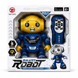 Smart Robot 0457 : robot danseur télécommandé tête jaune et corps bleu avec sa télécommande, dans sa boîte