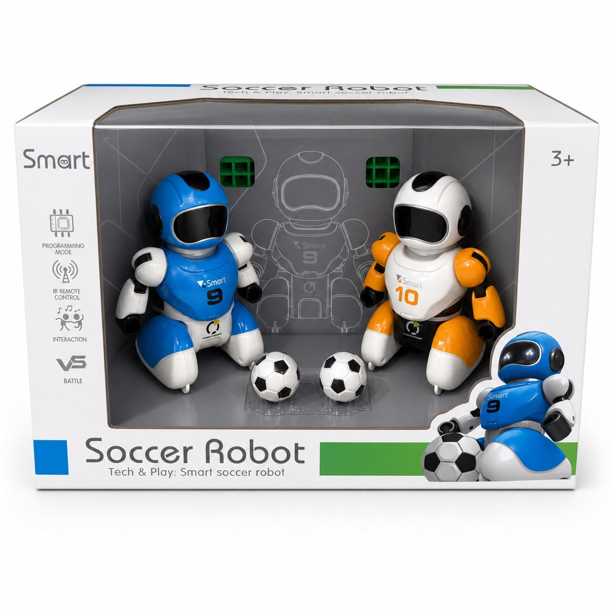 Set Smart Soccer Robot : deux robots footballeurs télécommandés bleu n°9 et blanc orange n°10 avec ballons et buts, dans sa boîte, dès 3 ans