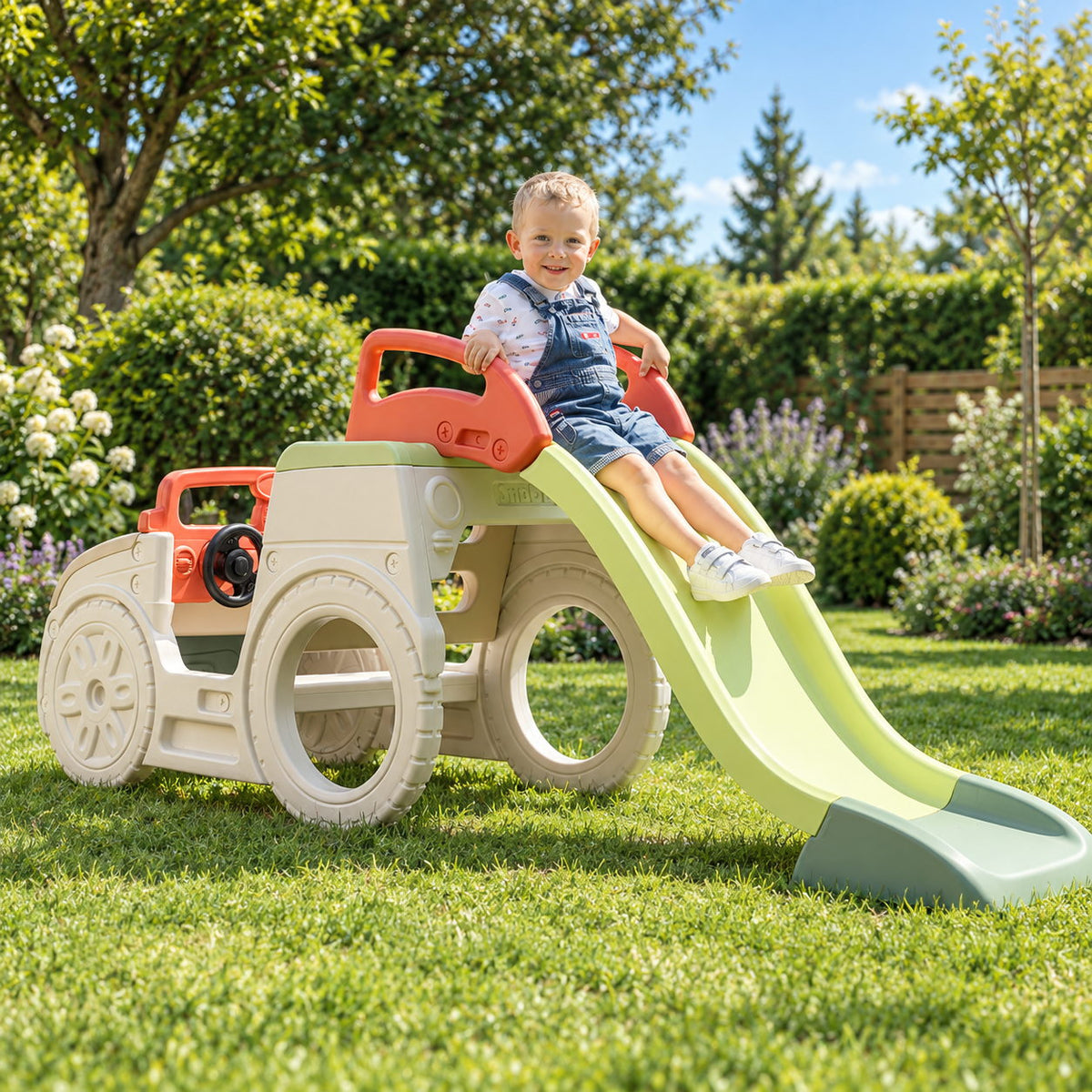Enfant qui descend le toboggan vert de la Smoby Adventure Car dans le jardin
