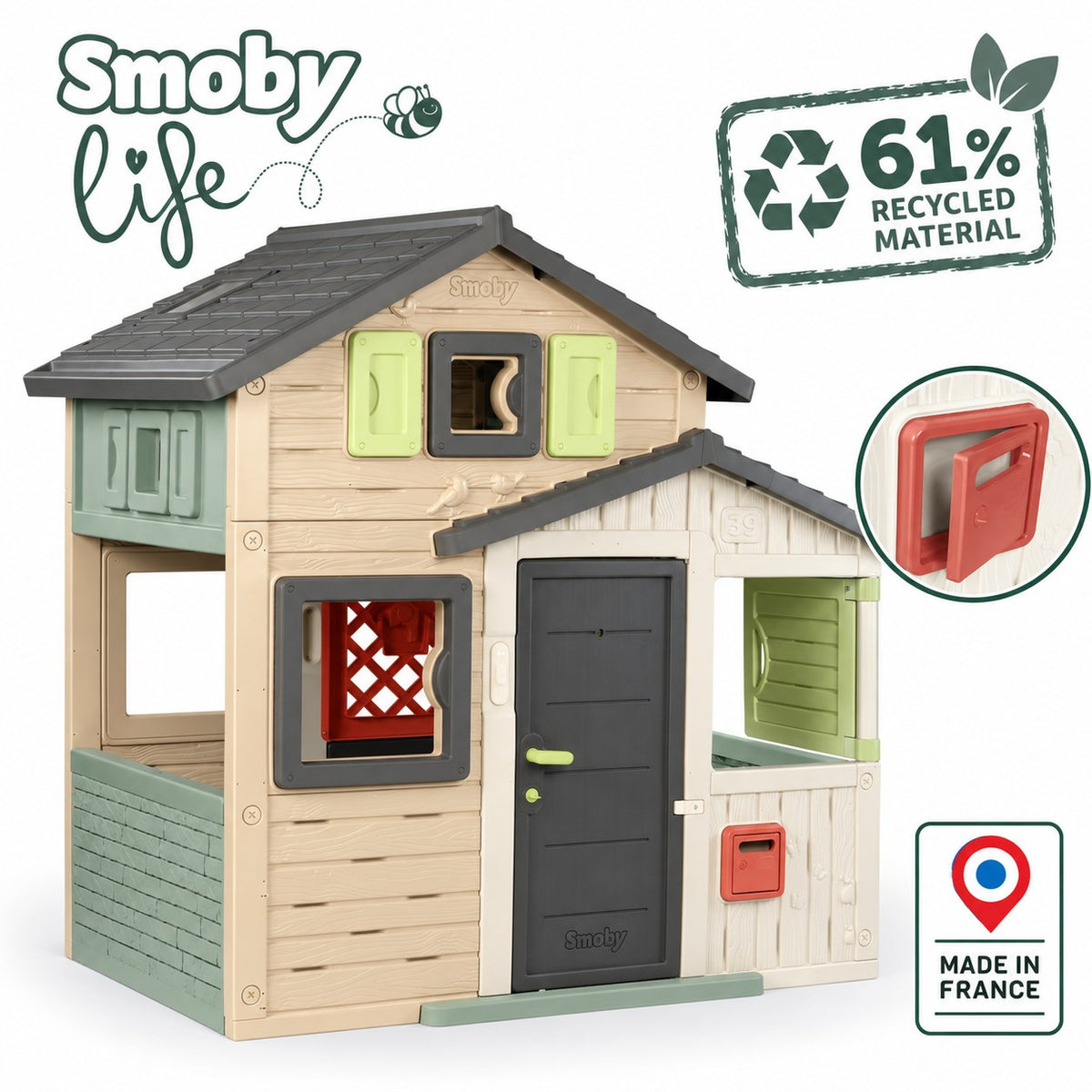 Caractéristiques Smoby Life : 61 % de matière recyclée, fabriqué en France, fenêtre à treillis et boîte aux lettres