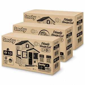 Les 3 cartons de livraison Smoby Friends House Evo' référence 7600810204, colis 1/3, 2/3 et 3/3