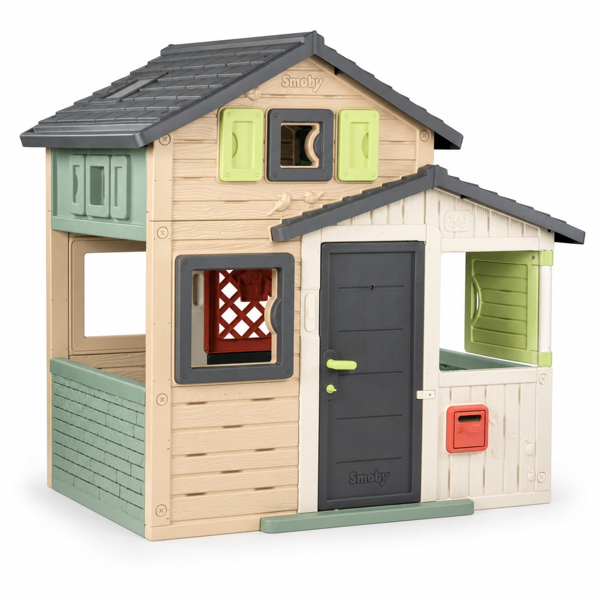 Maisonnette Smoby Life Friends House Evo' beige et vert avec toit anthracite, porte, volets et boîte aux lettres