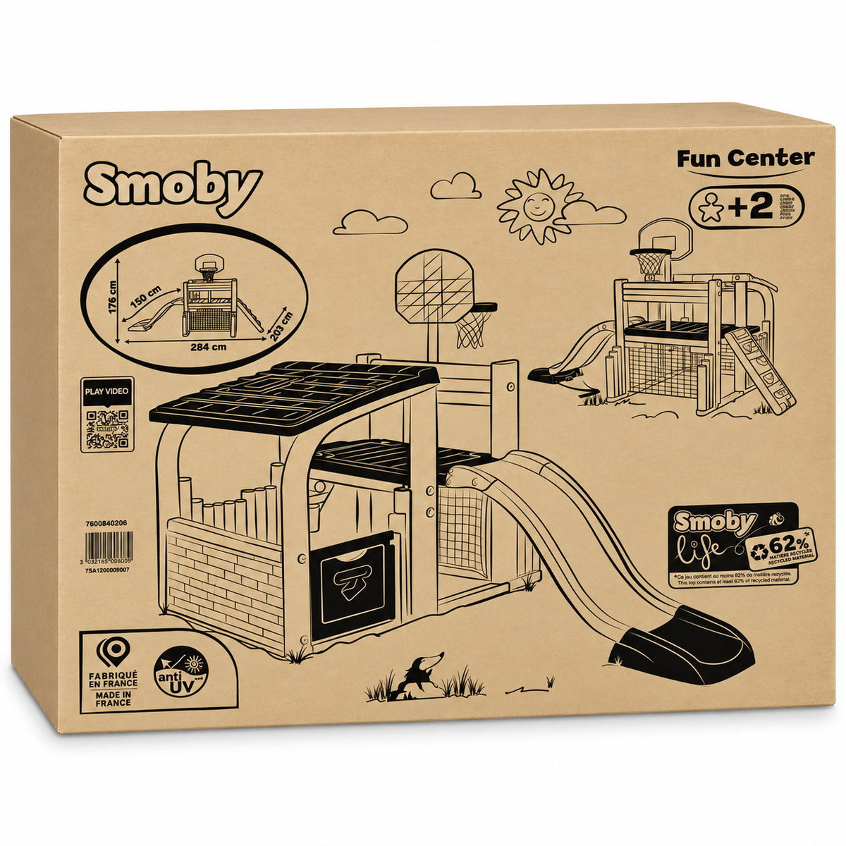 Carton d'emballage Smoby Fun Center avec mentions 2 ans et plus, 62 % de matière recyclée et fabriqué en France