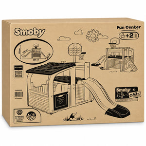 Carton d'emballage Smoby Fun Center avec mentions 2 ans et plus, 62 % de matière recyclée et fabriqué en France