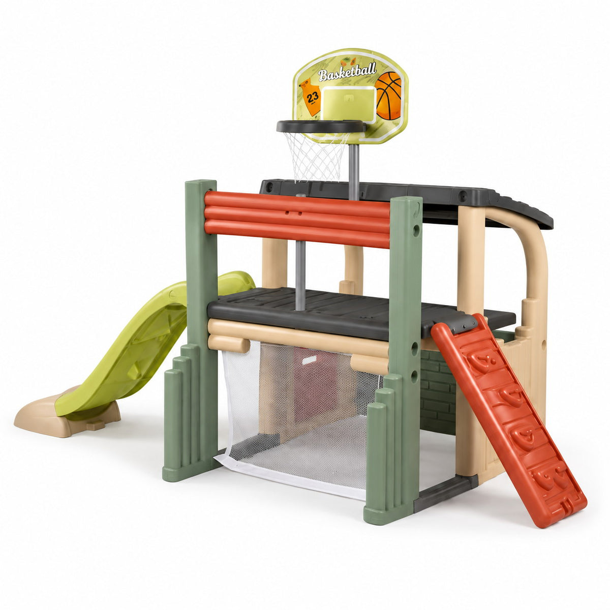 Aire de jeux Smoby Fun Center : maisonnette, plateforme, toboggan vert, mur d'escalade rouge et panier de basket