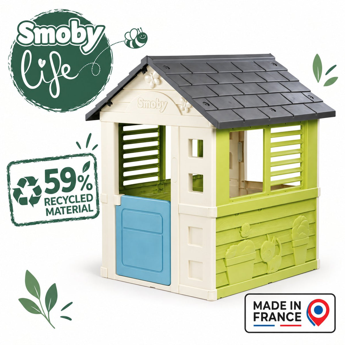 Caractéristiques de la maisonnette Smoby Jolie : coin cuisine, ballon inclus, 59 % de matière recyclée