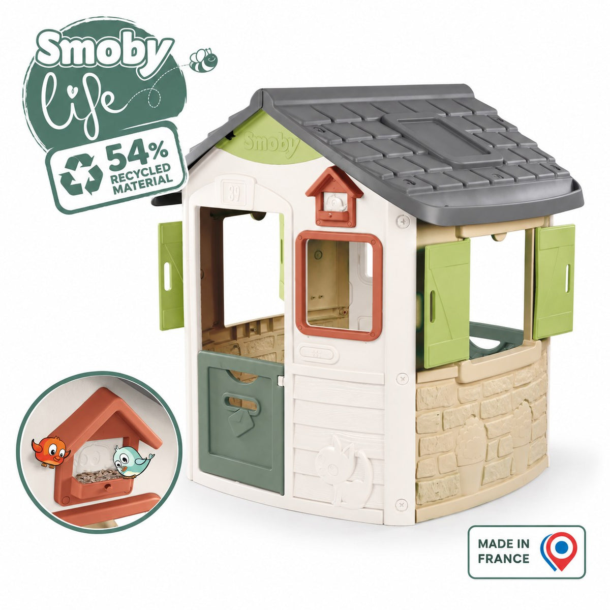 Caractéristiques Smoby Life Jura Lodge : 54 % de matière recyclée, fabriqué en France et mangeoire à oiseaux