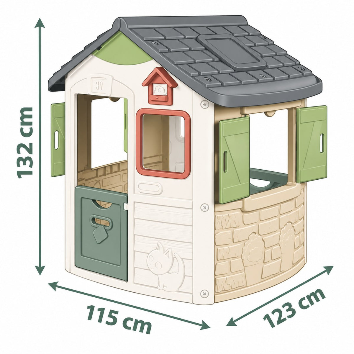 Schéma des dimensions de la maisonnette Smoby Jura Lodge : 115 × 123 × 132 cm