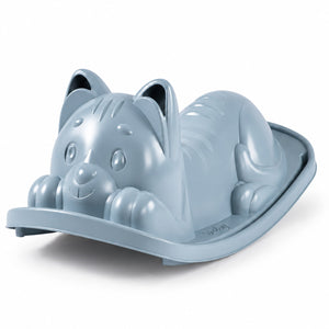 Bascule Smoby Life en forme de chat bleu grisé, oreilles servant de poignées et base arrondie