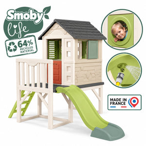 Caractéristiques Smoby Life : 64 % de matière recyclée, fabriqué en France, fenêtre ronde et raccord pour tuyau d'arrosage