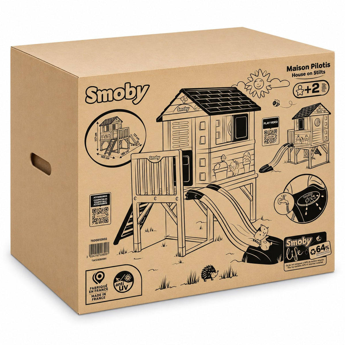 Carton d'emballage Smoby Maison Pilotis référence 7600810802, dès 2 ans, fabriqué en France