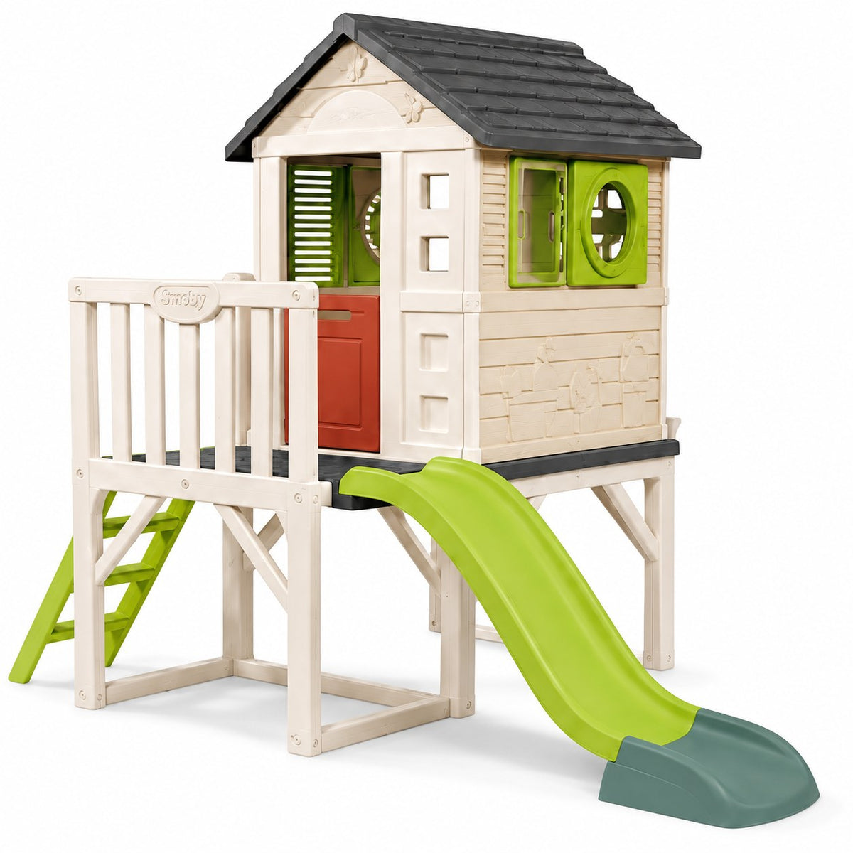 Maison Pilotis Smoby Life : cabane surélevée beige à toit anthracite, terrasse, échelle et toboggan vert