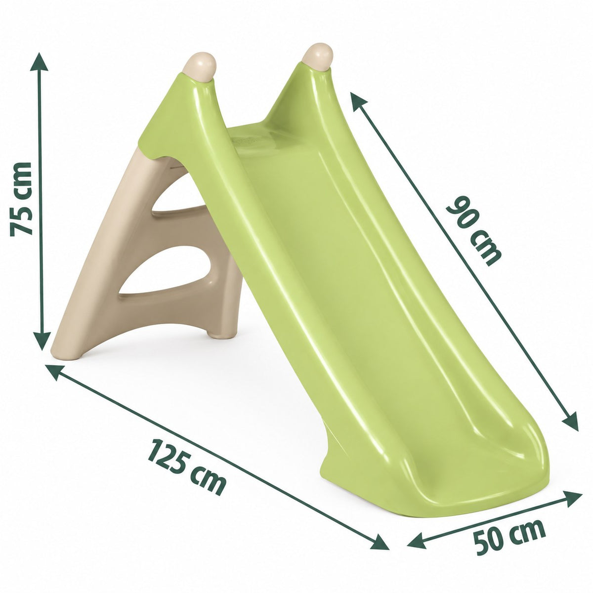 Dimensions du toboggan Smoby XS : 125 x 50 x 75 cm, glisse de 90 cm