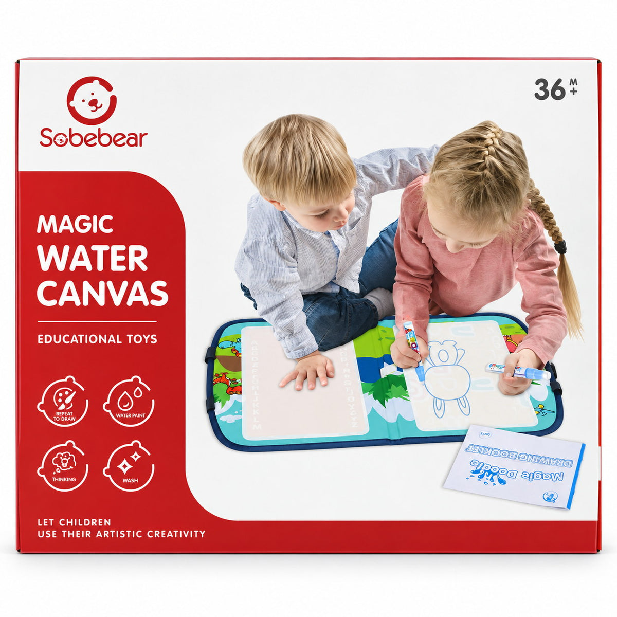 Boîte Sobebear Magic Water Canvas : deux enfants dessinent à l'eau sur le tapis pliable, dès 36 mois