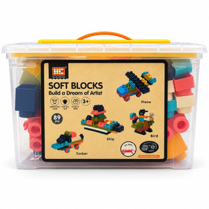Bac transparent de 89 blocs de construction souples Soft Blocks avec modèles avion, bateau, oiseau et camion