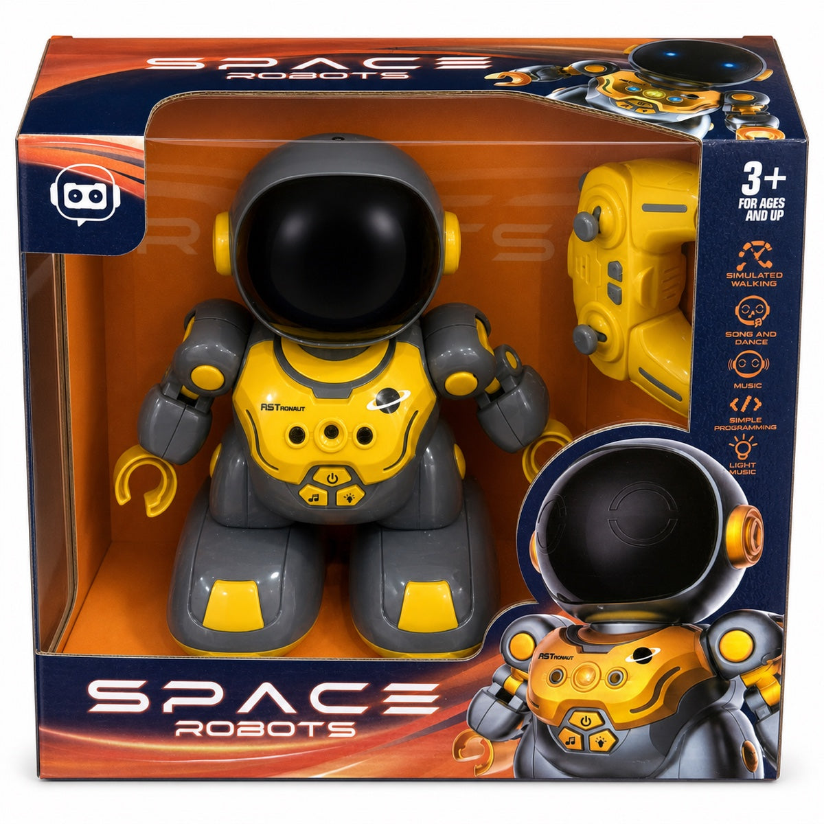 Robot astronaute Space Robots jaune et gris avec casque à visière noire et télécommande, dans sa boîte, dès 3 ans