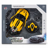 Voiture de course radiocommandée Speed Phantom jaune avec télécommande volant, dans sa boîte