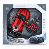 Voiture de course radiocommandée Speed Phantom rouge avec télécommande volant, dans sa boîte