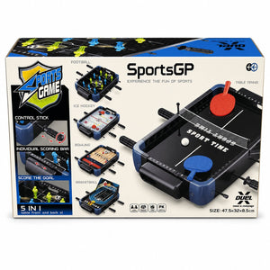 Table de jeux SportsGP 5 en 1 : baby-foot, hockey, bowling, basket et tennis de table, dans sa boîte