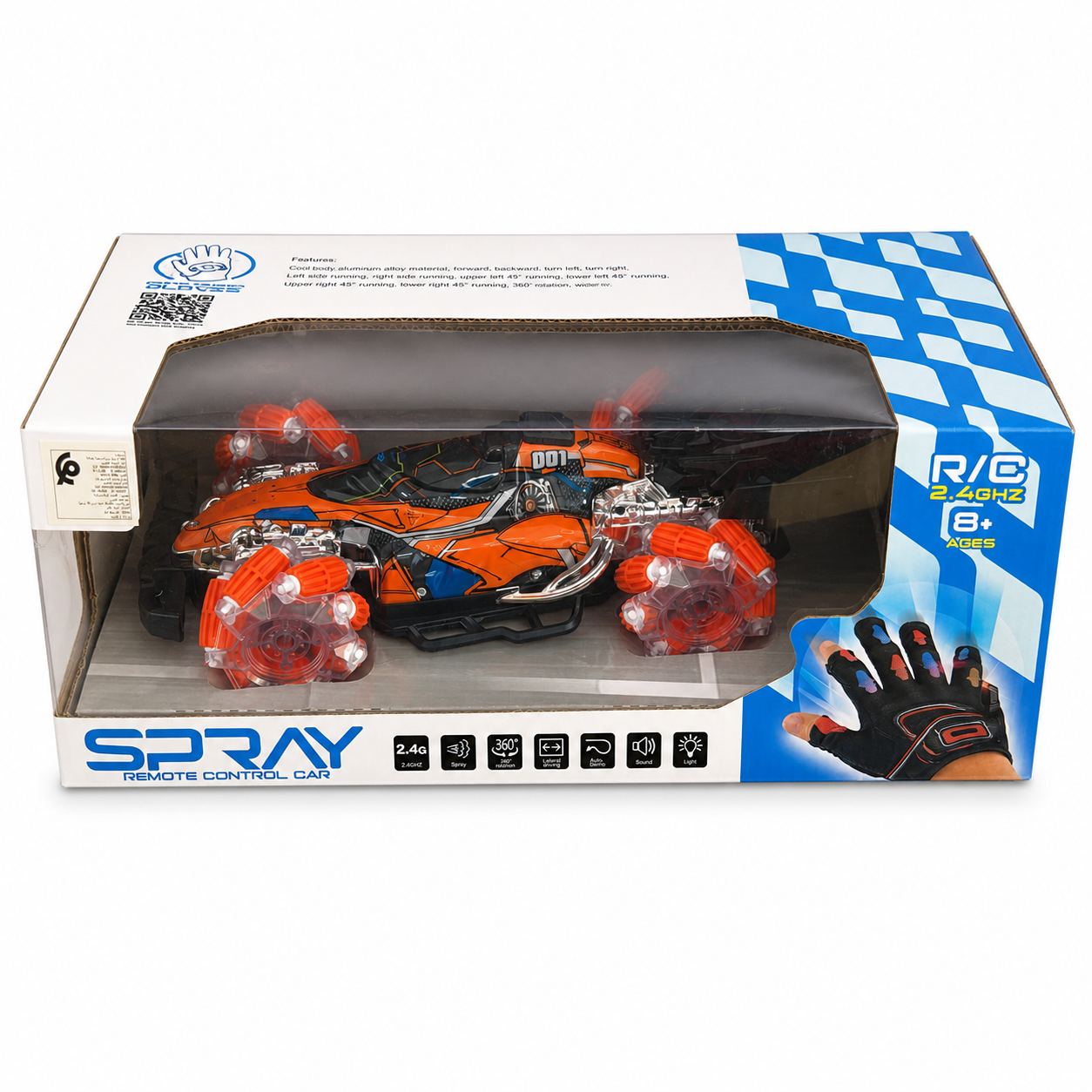 Boîte Spray RC Stunt Car orange : voiture cascadeuse 2.4 GHz avec gant gestuel, roues mecanum et jet de brume, dès 8 ans