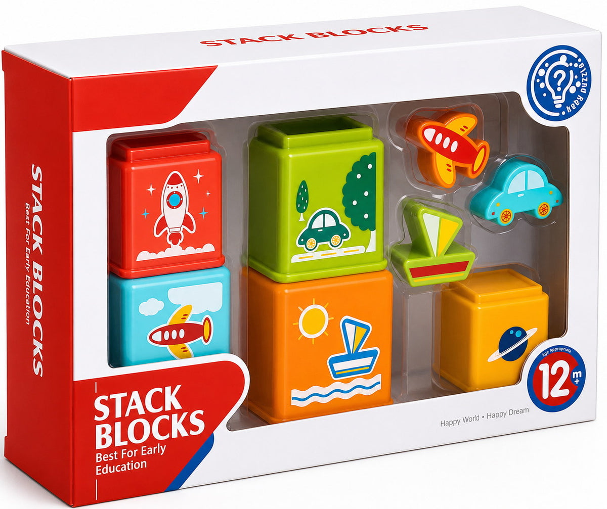 Boîte Stack Blocks ouverte : 5 cubes illustrés et 3 véhicules, dès 12 mois