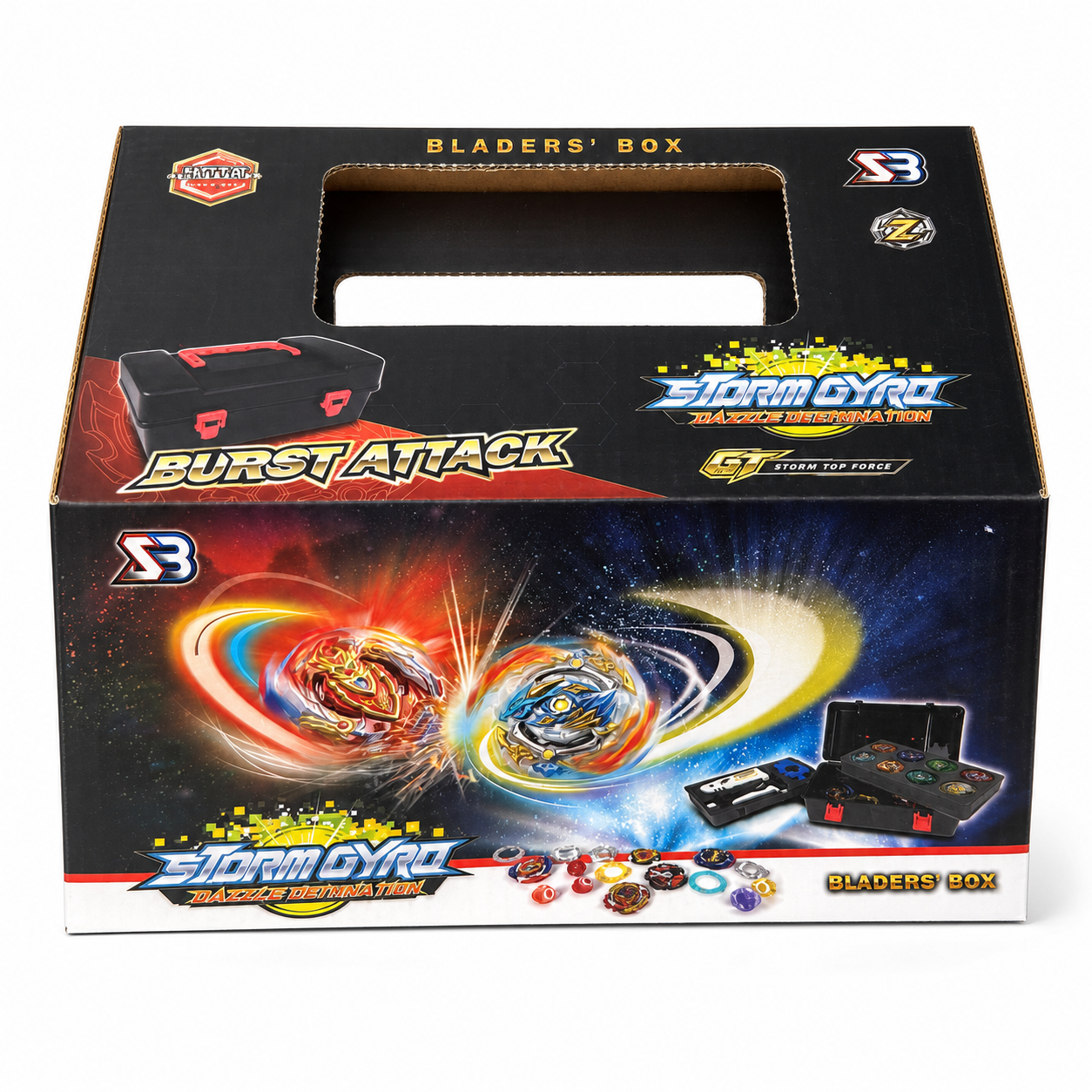 Coffret Storm Gyro Burst Attack : mallette noire de toupies de combat avec plateau 8 emplacements, lanceur et pièces interchangeables
