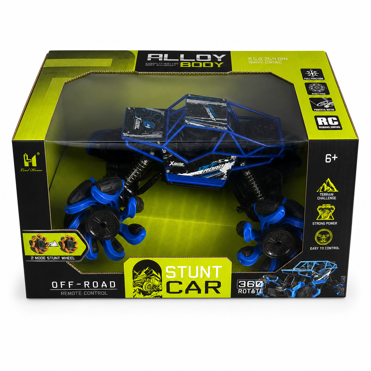 Stunt Car Off-Road bleue, buggy cascadeur radiocommandé 2.4 GHz à arceau tubulaire et roues à griffes, dans sa boîte