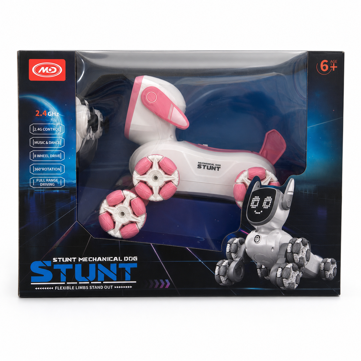 Chien robot cascadeur Stunt Mechanical Dog radiocommandé 2.4 GHz, 8 roues et visage LED, dès 6 ans