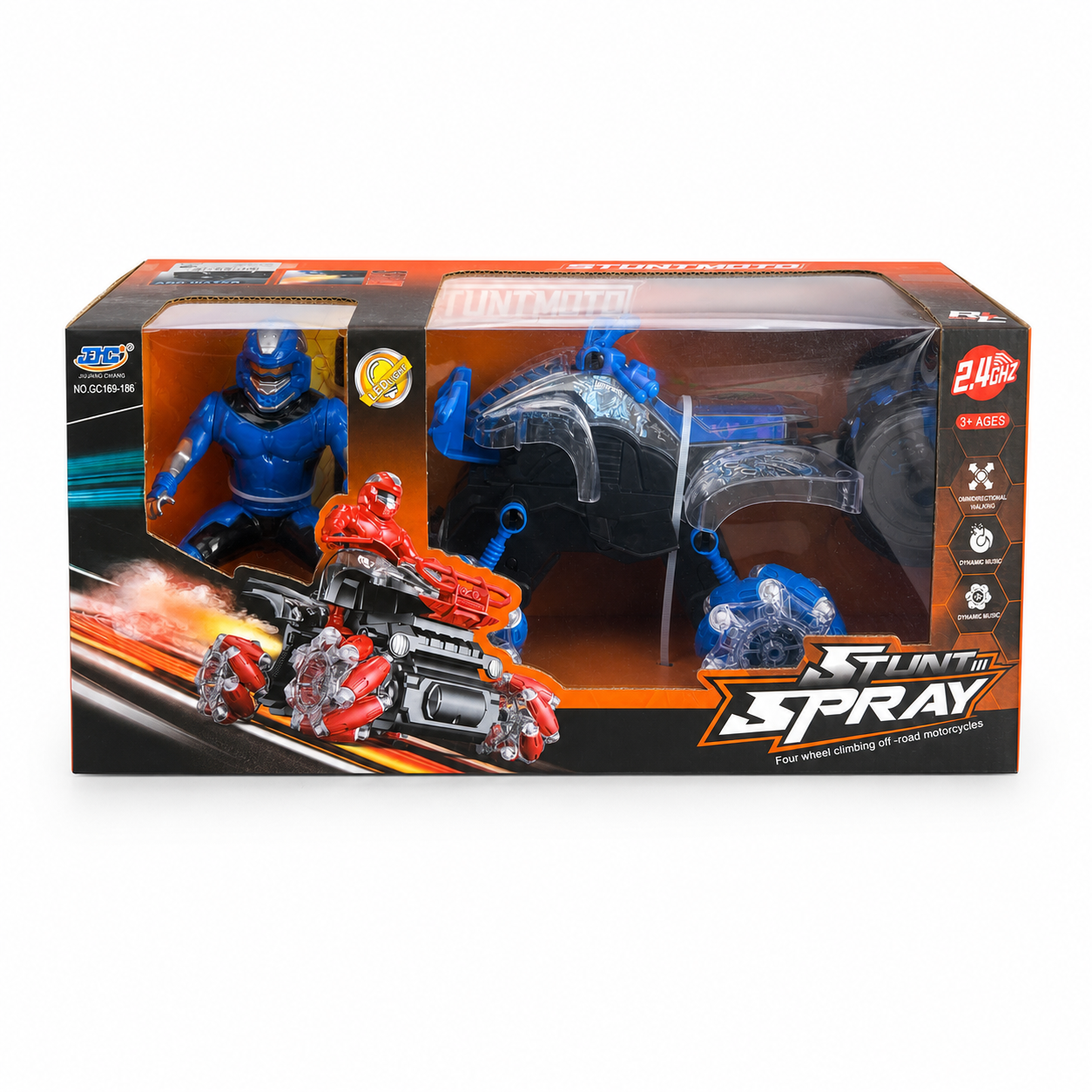 Coffret Stunt Spray : moto-quad tout-terrain radiocommandée bleue à 4 roues avec figurine pilote et télécommande 2.4 GHz