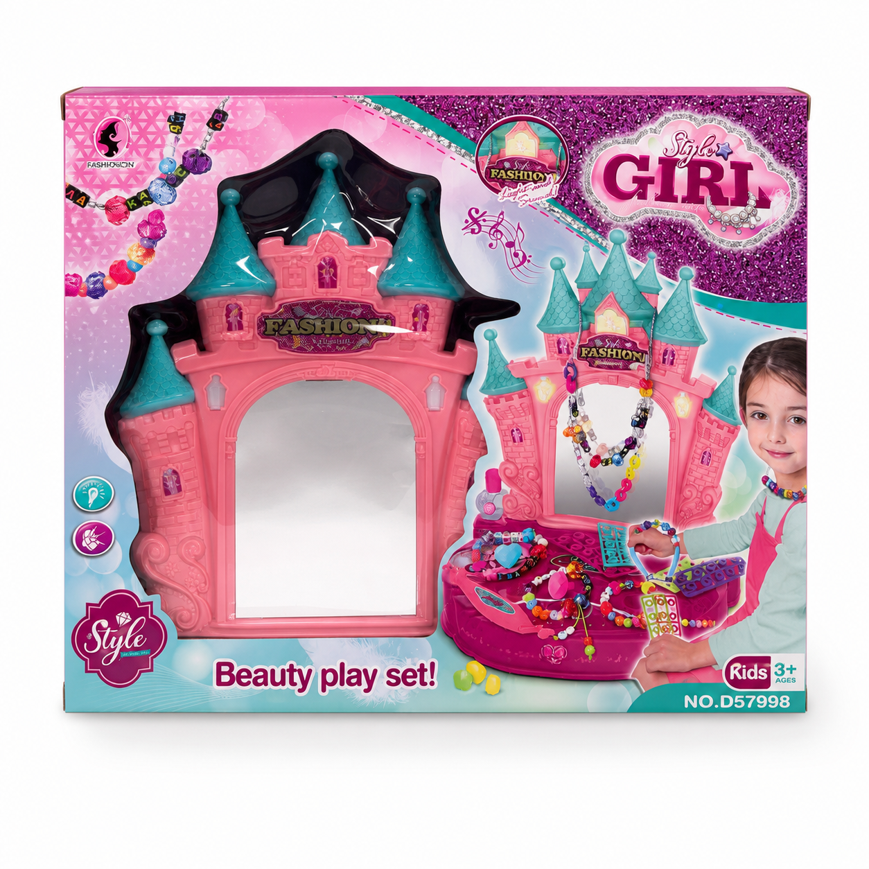 Coiffeuse château Style Girl avec miroir lumineux, musique et perles à enfiler, dès 3 ans