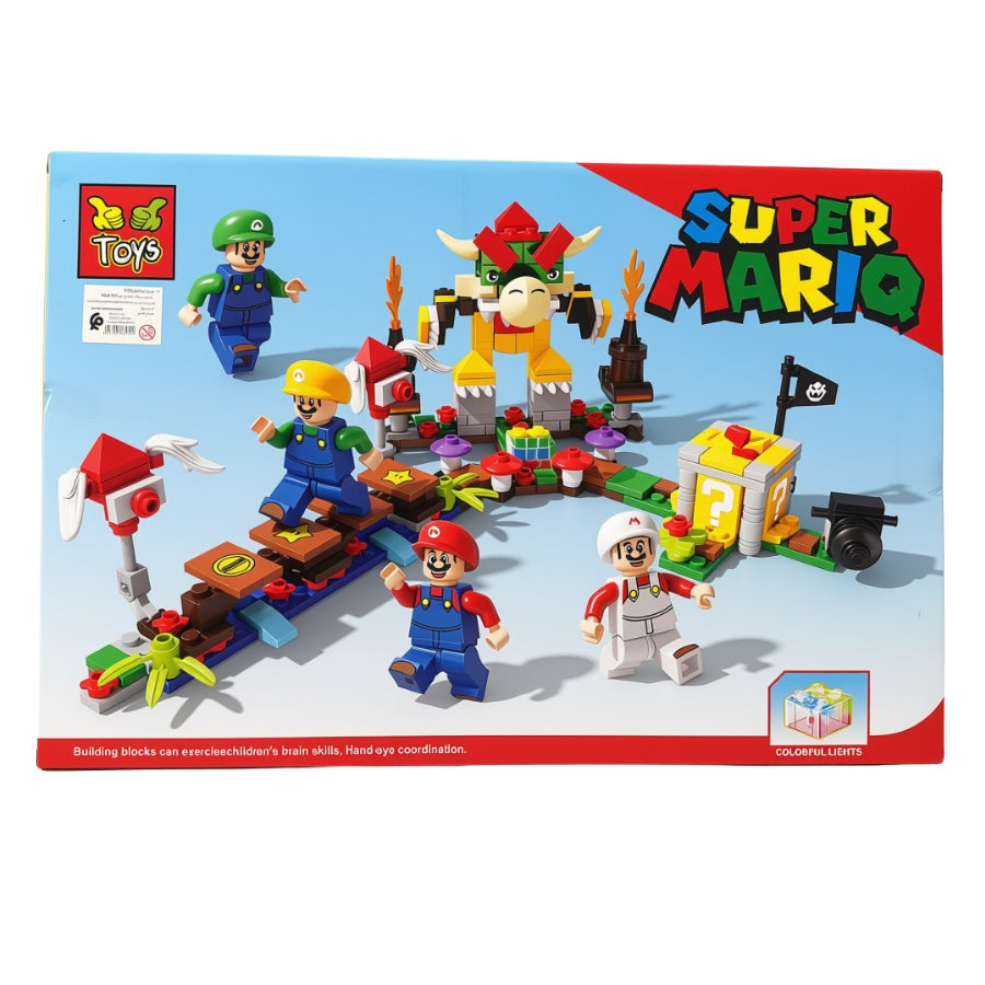 Boîte du jeu de construction Super Mario avec 4 figurines, Bowser, blocs à point d'interrogation, tuyau et drapeau