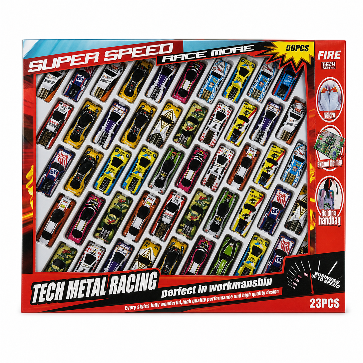 Boîte Super Speed Tech Metal Racing : 50 voitures de course en métal alignées dans leur plateau